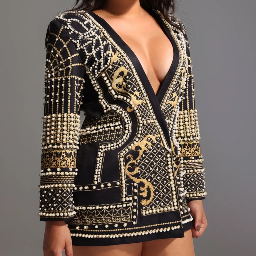 Elegant Black and Gold Embellished Long Sleeve Top